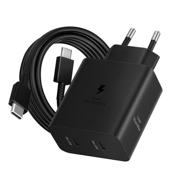 2x USB-C 50W supersnabbladdning 2.0-laddare + officiell Samsung USB-C-kabel svart