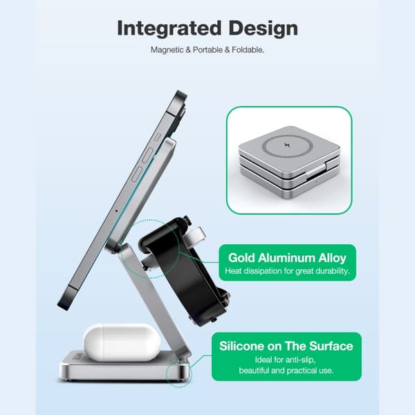 BW-iw30 3-i-1 foldbar magnetisk 15W trådløs oplader Hurtigladestation til iPhone til Apple Watch til AirPods, sølv