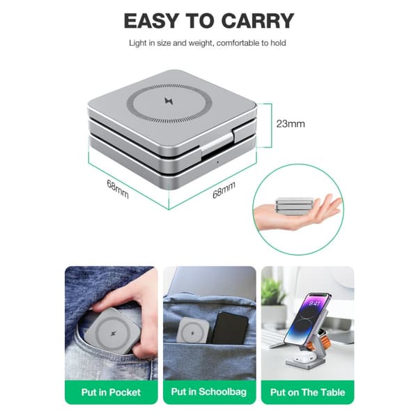 BW-iw30 3-i-1 foldbar magnetisk 15W trådløs oplader Hurtigladestation til iPhone til Apple Watch til AirPods, sølv