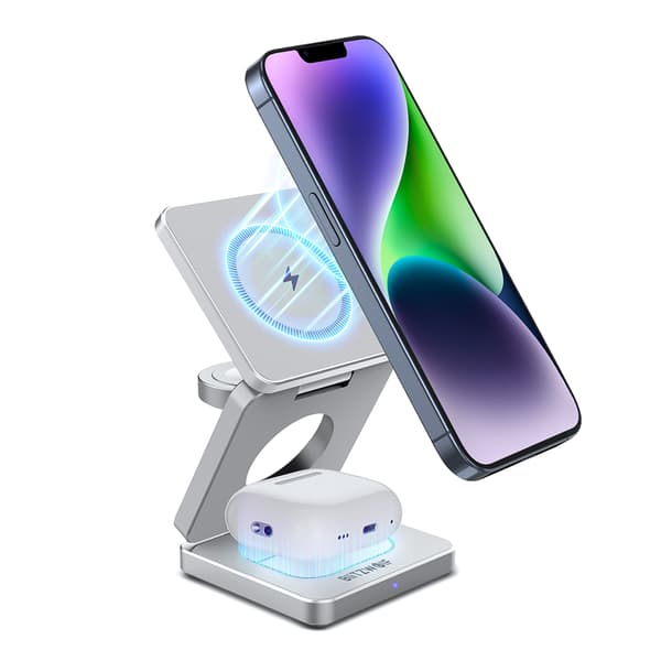 BW-iw30 3-i-1 foldbar magnetisk 15W trådløs oplader Hurtigladestation til iPhone til Apple Watch til AirPods, sølv