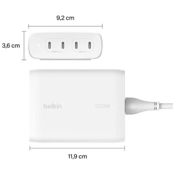 BELKIN VÆGLADER 4X PORT USB-C GAN 200W, HVID