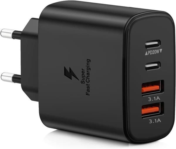 Snabb USB C-laddare, 40W USB C 4-portar PD+QC Dual Port-laddare, flera kompatibel för iPhone/Samsung/iPad/Surfplatta, Svart