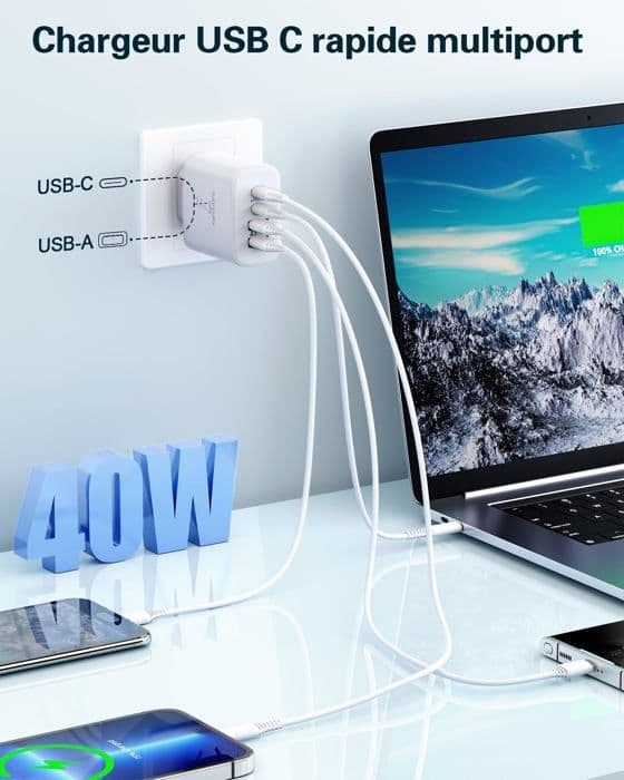USB C laddare, 40W 4 portar USB C väggladdare Dual Port PD+QC, flera laddare kompatibel för iPhone/Samsung/iPad/Surfplatta