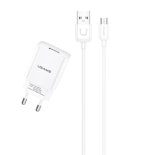 USAMS Lad. verkkoon. 1xUSB T21 micro USB valkoinen/valkoinen 2.1A pikalataus T21OCMC01
