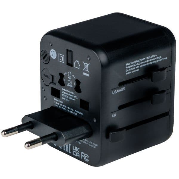 Verbatim EU/UK/US reiseadapter 2xUSB-A/USB-C PD 20W UTA-02 svart/svart 49544