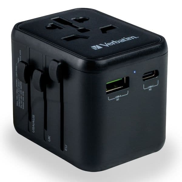 Verbatim EU/UK/US reiseadapter 2xUSB-A/USB-C PD 20W UTA-02 svart/svart 49544
