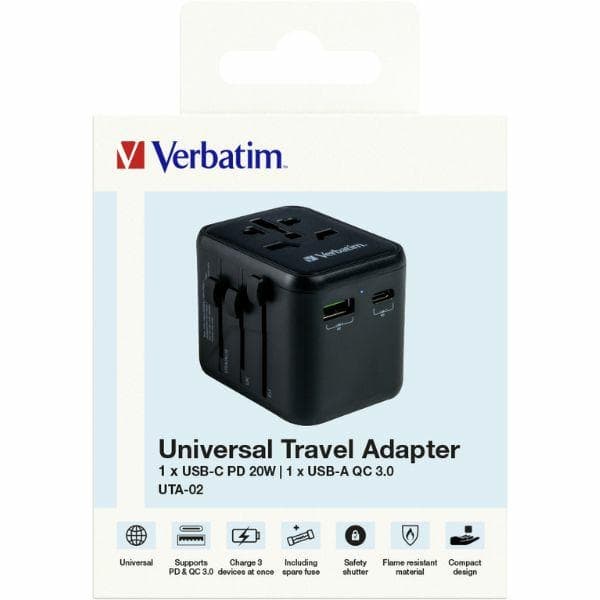 Verbatim EU/UK/US reiseadapter 2xUSB-A/USB-C PD 20W UTA-02 svart/svart 49544