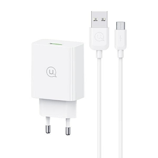 USAMS Lad. verkkoon. 18W + Micro/USB-A-kaapeli 1m Pikalataus valkoinen/valkoinen sarja SC SCXLTZ01