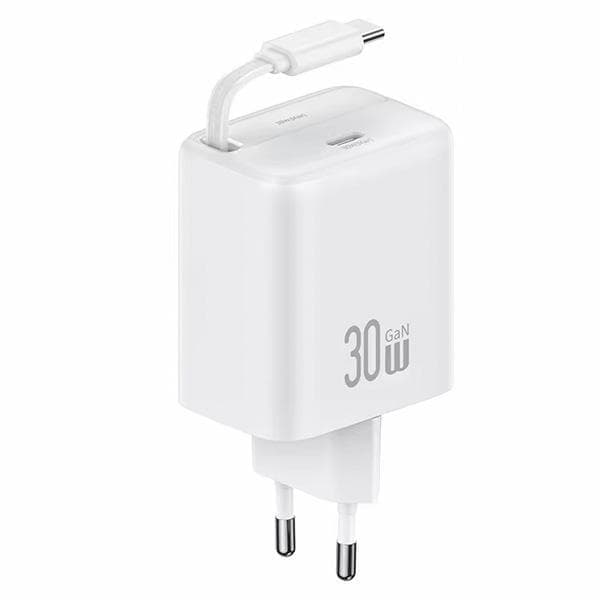 USAMS Lad. verkkoon. 1xUSB-C sisäänvedettävällä USB-C:llä Sisäänvedettävä PD+QC 30 W Gan Pikalatauskaapeli valkoinen/valkoinen YC-sarja