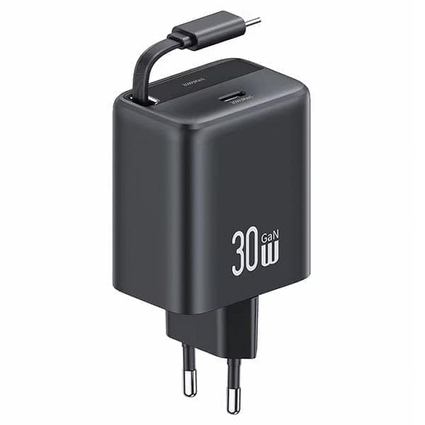 USAMS Lad. verkkoon. 1xUSB-C sisäänvedettävällä USB-C:llä sisäänvedettävä PD+QC 30 W Gan pikalatauskaapeli musta/musta YC-sarja CC241TC01 (US-CC241)