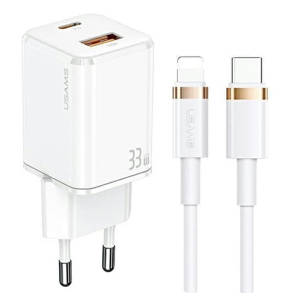 USAMS Lad. verkkoon. 1xUSB-C+1xUSB T43 33W PD3.0 +QC3.0 + U63 USB-C salamakaapeliin valkoinen/valkoinen USKTZ02