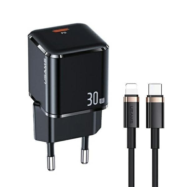 USAMS Lad. verkkoon. 1xUSB-C T45 30W PD3.0 Pikalataus + U63 USB-C/Lightning-kaapeli musta/musta UXTZH01 (USAMS-UX)