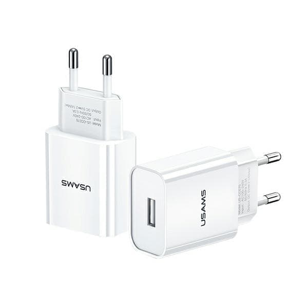 USAMS Lad. verkkoon. 1xUSB T18 2.1A (vain pää) valkoinen/valkoinen pikalataus CC075TC01