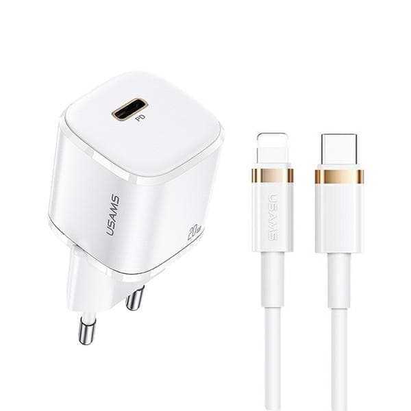USAMS Lad. verkkoon. 1xUSB-C T36 mini 20W + USB-C-Lightning-kaapeli valkoinen/valkoinen PD3.0 Pikalataus XFKXLOGTL02 (US-CC124+US-SJ484)