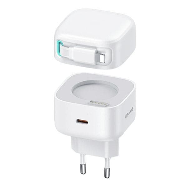 USAMS Lad. verkkoon. 1xUSB-C sisäänvedettävällä kaapelilla Lightning Sisäänvedettävä PD+QC 35W Gan Pikalataus valkoinen/valkoinen XMF-sarja