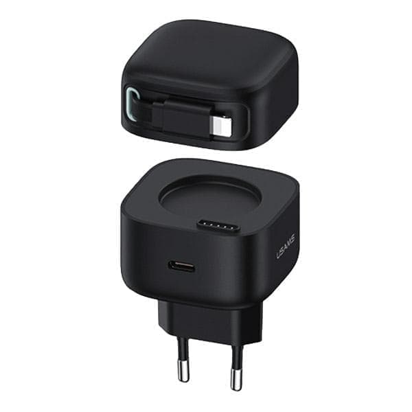 USAMS Lad. verkkoon. 1xUSB-C sisäänvedettävällä kaapelilla Lightning Sisäänvedettävä PD+QC 35W Gan Pikalataus musta/musta XMF-sarja