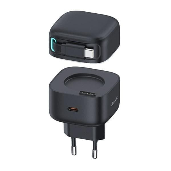 USAMS Lad. verkkoon. 1xUSB-C sisäänvedettävällä USB-C:llä sisäänvedettävä PD+QC 35 W Gan pikalatauskaapeli musta/musta XMF-sarja CC202TC01 (US-CC202)