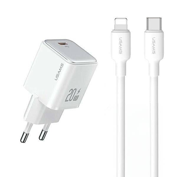 USAMS Lad. verkkoon. 1xUSB-C PD20W PD3.0 Pikalataus US-CC183 + USB-C/Lightning-kaapeli US-SJ610 valkoinen/valkoinen YX-sarja YXXLOGTC03
