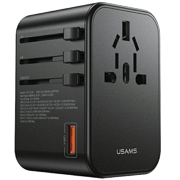USAMS-verkkosovitin 1xUSB+2xUSB-C T62 65W 4in1 US/AU/EU/UK musta/musta CC199TC01 (US-CC199) yleismatkalaturi