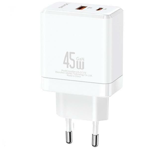 USAMS Lad. verkkoon. 1xUSB-C+1xUSB 45W (vain pää) GaN PD3.0 +QC3.0 Pikalataus valkoinen/valkoinen CC178TC02 (US-CC178)