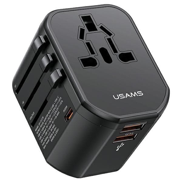 USAMS-verkkosovitin 2xUSB+1xUSB-C T59 20W 4in1 US/AU/EU/UK musta/musta CC179TC01 (US-CC179) yleismatkalaturi