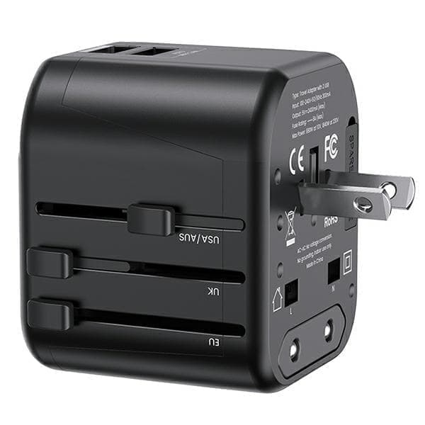 USAMS-verkkosovitin. 2xUSB T55 12W 4in1 US/AU/EU/UK musta/musta CC173TC01 (US-CC173) Univesal matkalaturi