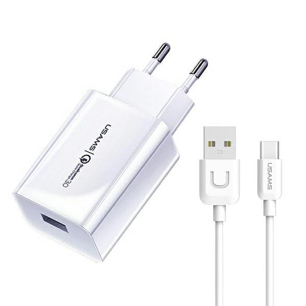 USAMS Lad. verkkoon. 1xUSB T22 18W 3A QC3.0 + USB-C-kaapeli 1m valkoinen/valkoinen (T48) T48OCLN01