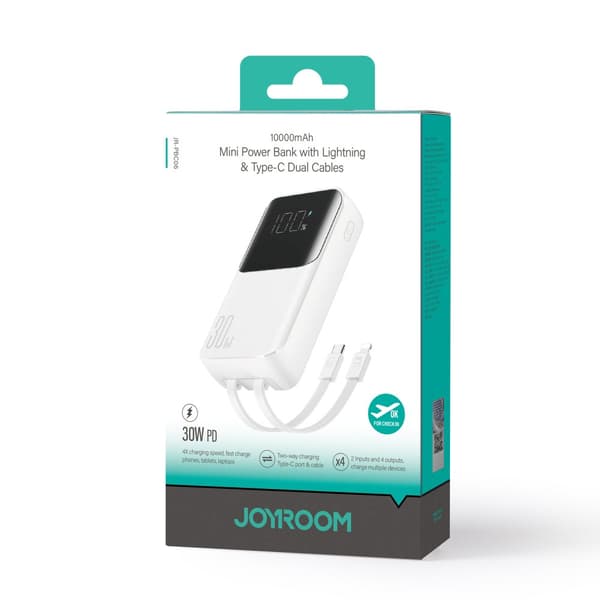 Mini powerbank 10000mAh med indbyggede kabler JR-PBC06 30W hvid
