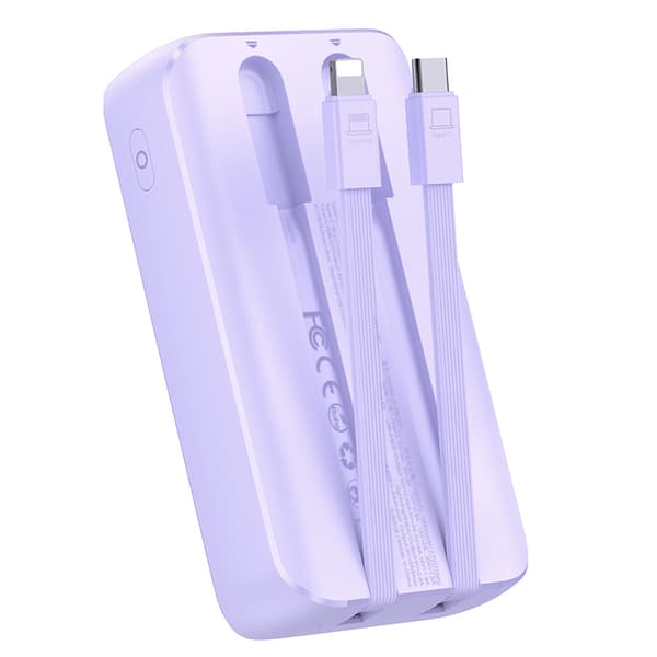 Mini powerbank 20000mAh med indbyggede kabler JR-PBC07 30W lys lilla