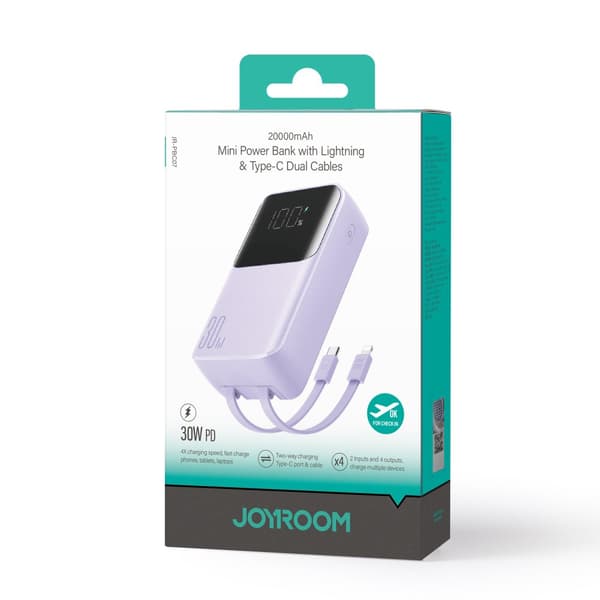 Mini powerbank 20000mAh med indbyggede kabler JR-PBC07 30W lys lilla
