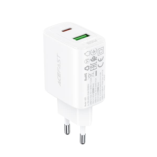 USB-C og USB 20W vægoplader PPS PD QC 3.0 AFC FCP hvid