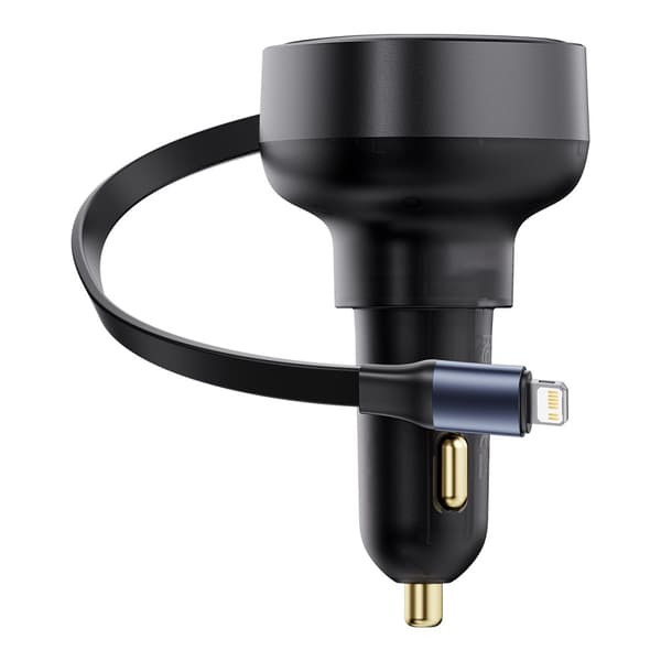 Biloplader med udtrækkeligt kabel til iPhone Lightning USB-C 60W, sort
