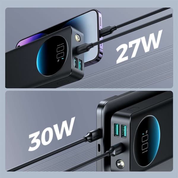 Powerbank med lommelygte 30W 20000mAh + USB-A - USB-C kabel 25cm sort