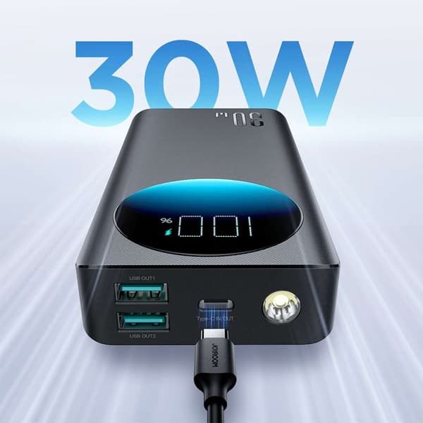 Powerbank med lommelygte 30W 20000mAh + USB-A - USB-C kabel 25cm sort