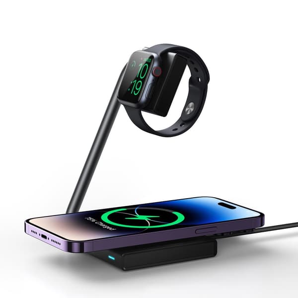 2-i-1 induktiv laddare för klocka och smartphone 15W MagSafe Qi, hopfällbar, svart