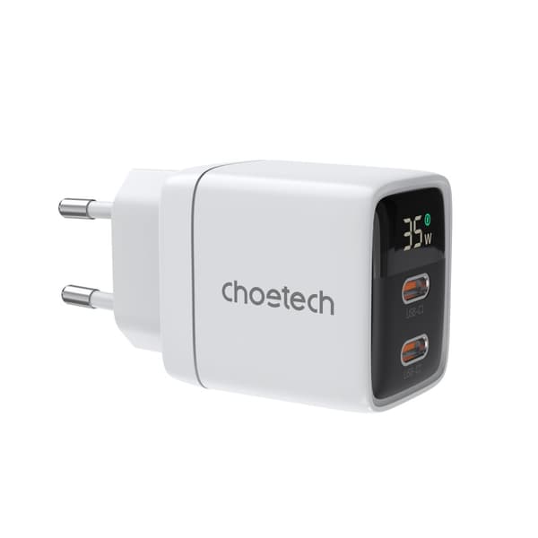 Lille, kraftfuld GaN 2x USB-C PD 35W netoplader med hvidt display