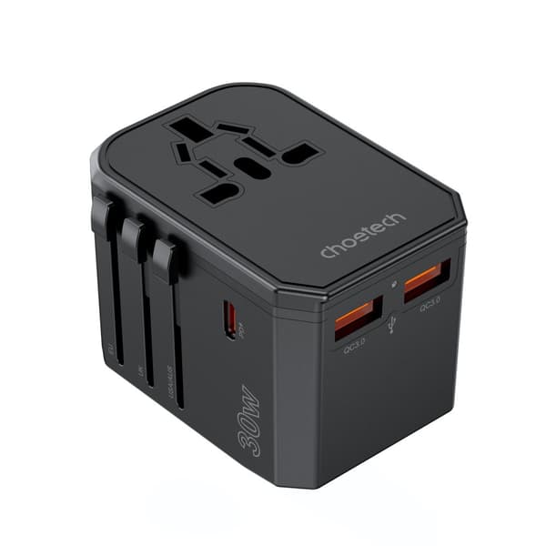 Universal USB-C Rejseoplader 2x USB-A PD 30W US EU UK AU Stik Sort