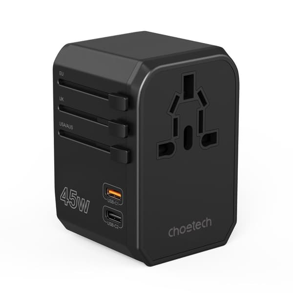 Universal rejseoplader 2x USB-C 2x USB-A PD 45W US EU UK AU Stik Sort