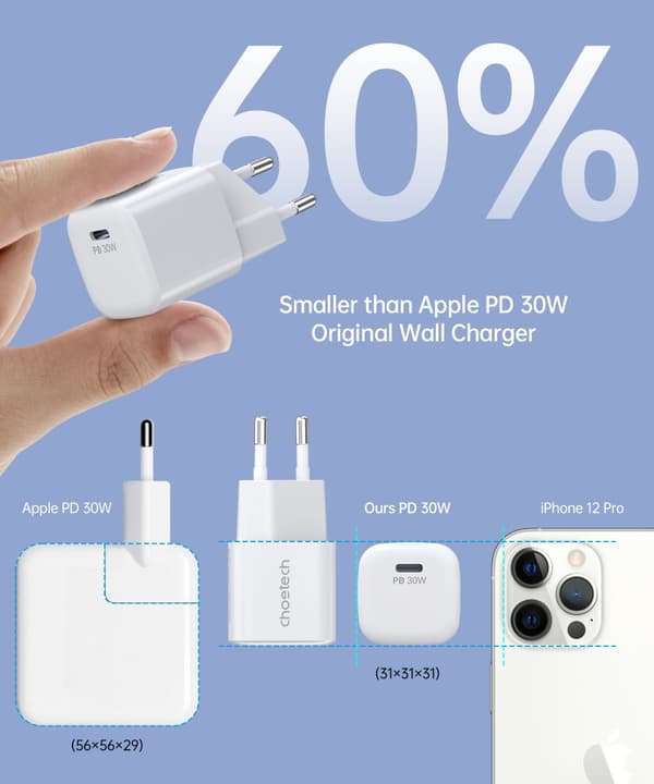 GaN USB-C PD 30W vægoplader, hvid