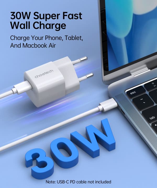 GaN USB-C PD 30W vægoplader, hvid