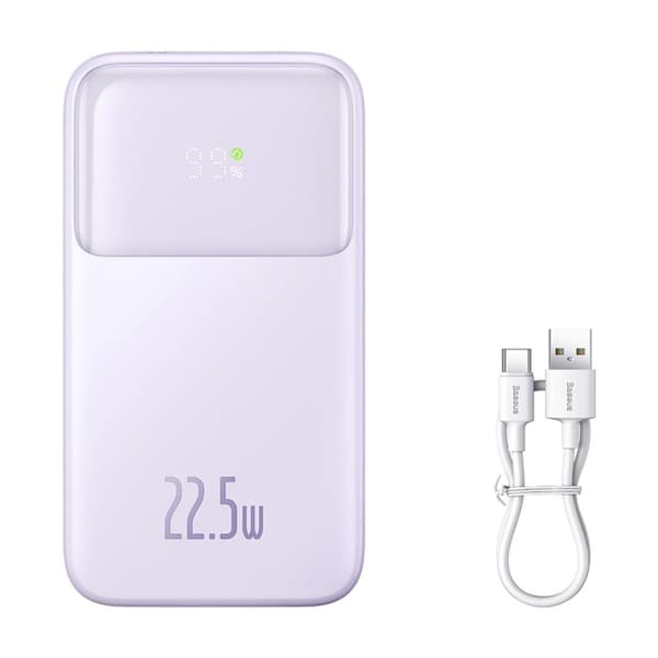 Powerbank med skærm 10000mAh 22,5W + USB-A / USB-C kabel lilla