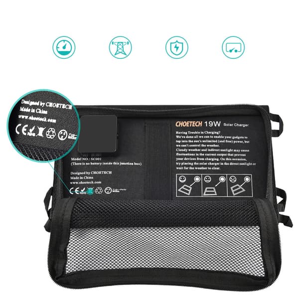 Solar USB soloplader, foldbar, 19W, 2xUSB, sort