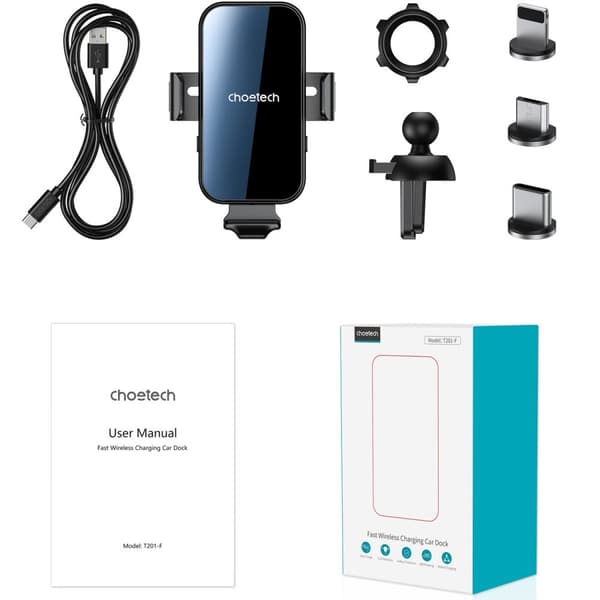 Induktiv oplader med bilholder + magnetspidser, sort
