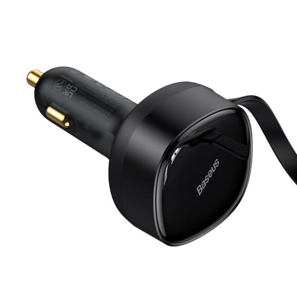 2in1 USB-C + iPhone Lightning billaddare, indragbar kabel, 75cm, 30W - svart