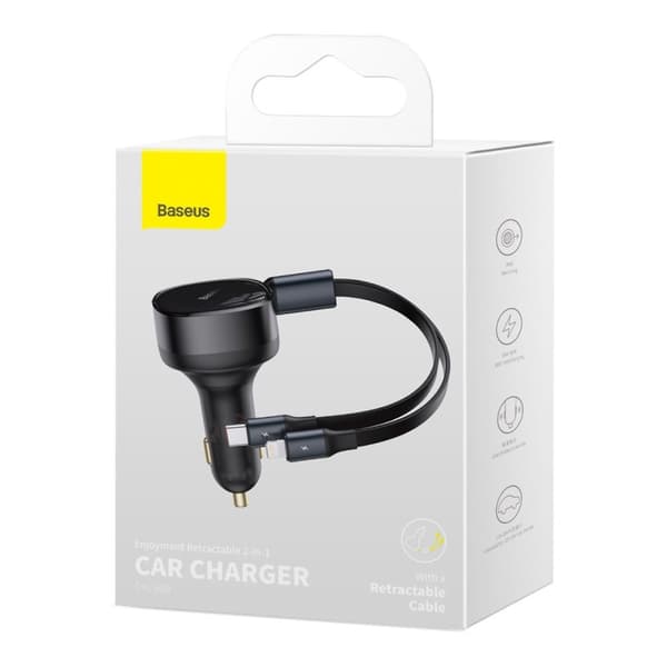 2in1 USB-C + iPhone Lightning billaddare, indragbar kabel, 75cm, 30W - svart