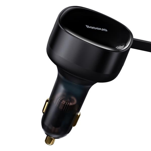 2in1 USB-C + iPhone Lightning billaddare, indragbar kabel, 75cm, 30W - svart