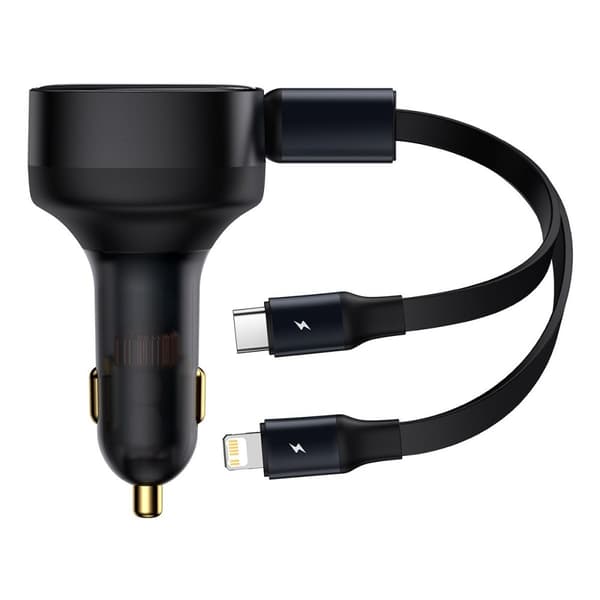 2in1 USB-C + iPhone Lightning billaddare, indragbar kabel, 75cm, 30W - svart Svart