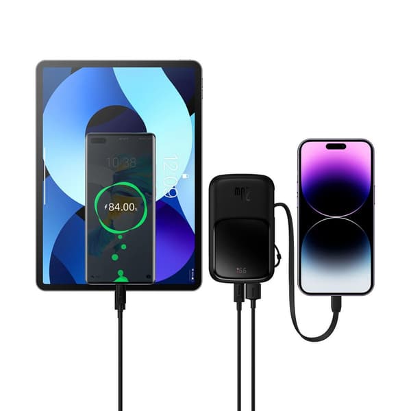 Powerbank 10000mAh USB USB-C iPhone Lightning + USB-C kabel - sort