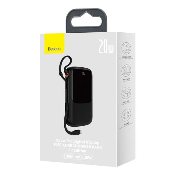 Powerbank 10000mAh USB USB-C iPhone Lightning + USB-C kabel - sort