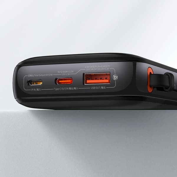 Powerbank 10000mAh USB USB-C iPhone Lightning + USB-C kabel - sort